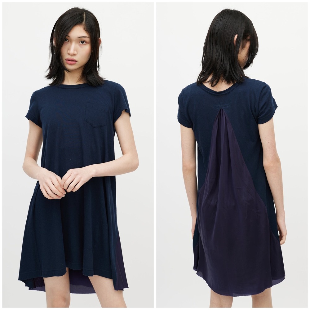 Sacai Luck Navy Blue Mixed Media Pleated Back Shirt Dress Short Sleeve Medium